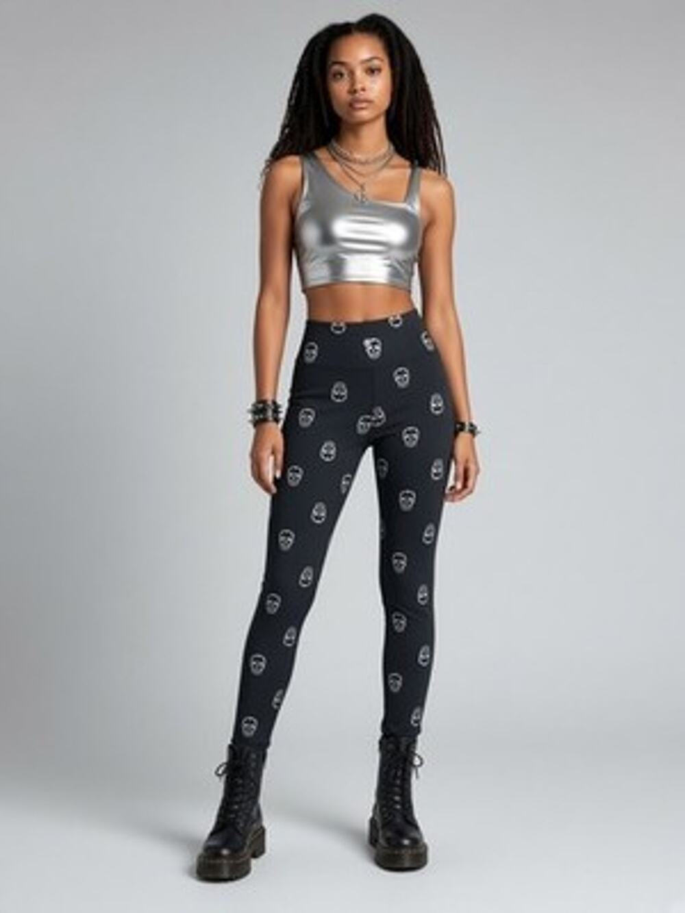Nanette Lepore Play Black Gray Skull Print 7/8 Leggings Halloween Goth Small